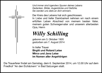 Todesanzeige von Willy Schilling von Glauchau