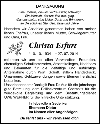Todesanzeige von Christa Erfurt von Hohenstein-Ernstthal
