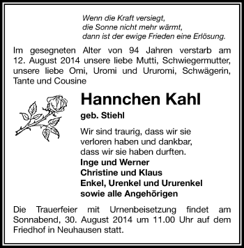 Todesanzeige von Hannchen Kahl von Marienberg