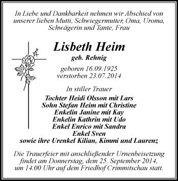 Todesanzeige von Lisbeth Heim von Werdau