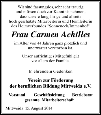 Todesanzeige von Carmen Achilles von Chemnitz, Freiberg / Brand Erbisdorf, Flöha, Mittweida, Rochlitz