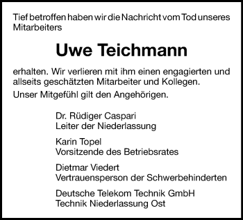 Todesanzeige von Uwe Teichmann von Chemnitz