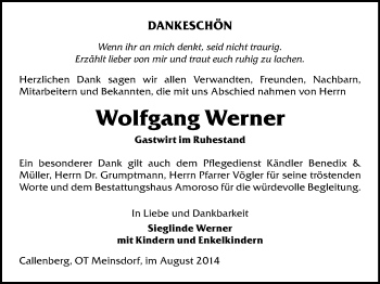 Todesanzeige von Wolfgang Werner von Chemnitz, Hohenstein-Ernstthal