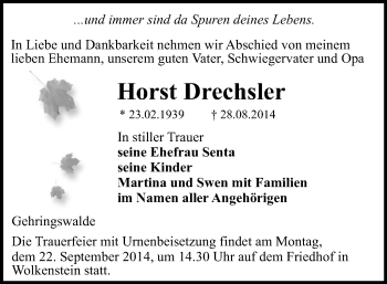 Todesanzeige von Horst Drechsler von Marienberg, Zschopau
