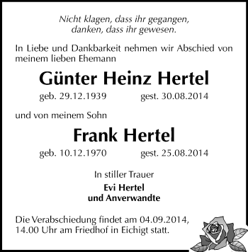 Todesanzeige von Günter Heinz und Frank Hertel von Oberes Vogtland