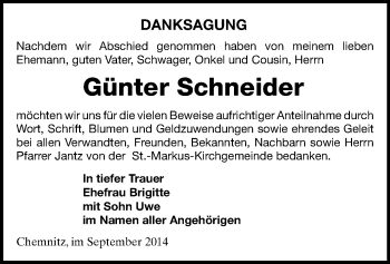 Todesanzeige von Günter Schneider von Chemnitz
