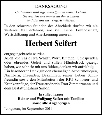 Todesanzeige von Hergbert Seifert von Freiberg / Brand Erbisdorf