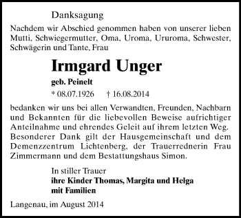 Todesanzeige von Irmgard Unger von Freiberg / Brand Erbisdorf