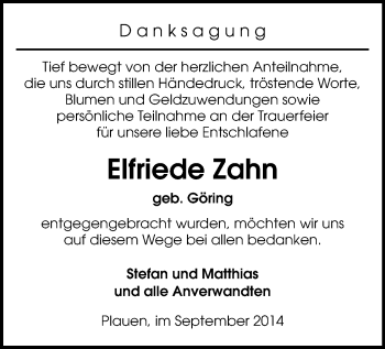 Todesanzeige von Elfriede Zahn von Plauen