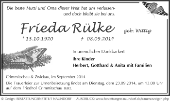 Todesanzeige von Frieda Rülke von Zwickau