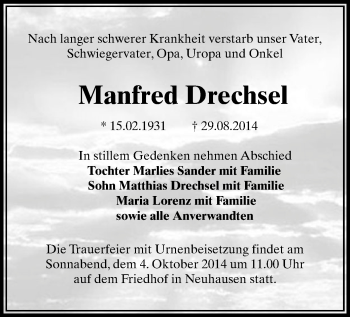 Todesanzeige von Manfred Drechsel von Freiberg / Brand Erbisdorf, Marienberg