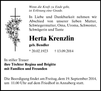Todesanzeige von Herta Krenzlin von Annaberg