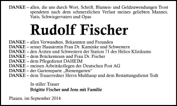 Todesanzeige von Rudolf Fischer von Plauen