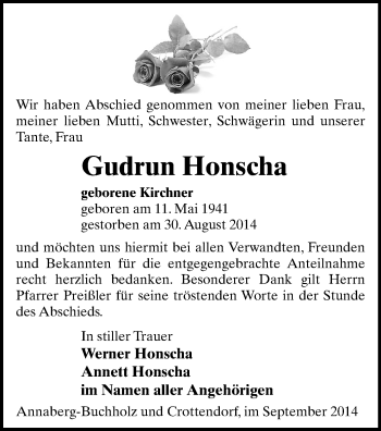 Todesanzeige von Gudrun Honscha von Annaberg