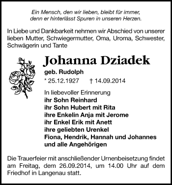Todesanzeige von Johanna Dziadek von Freiberg / Brand Erbisdorf