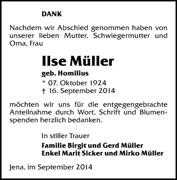 Todesanzeige von Ilse Müller von Flöha