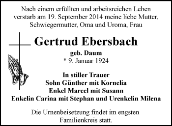 Todesanzeige von Gertrud Ebersbach von Stollberg