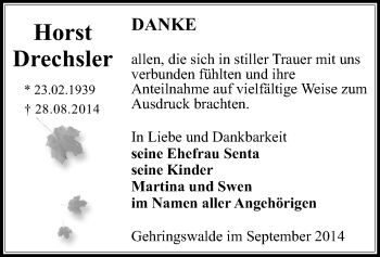 Todesanzeige von Horst Drechsler von Marienberg, Zschopau