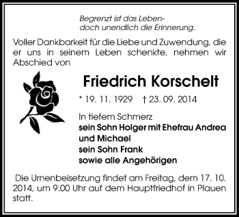 Todesanzeige von Friedrich Korschelt von Plauen