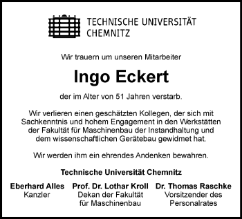 Todesanzeige von Ingo Eckert von Chemnitz