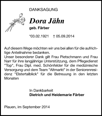 Todesanzeige von Dora Jähn von Plauen