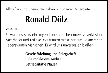 Todesanzeige von Ronald Dölz von Plauen