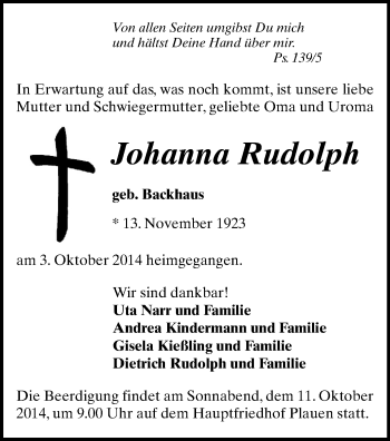 Todesanzeige von Johanna Rudolph von Plauen