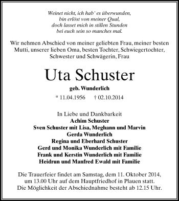 Todesanzeige von Uta Schuster von Plauen