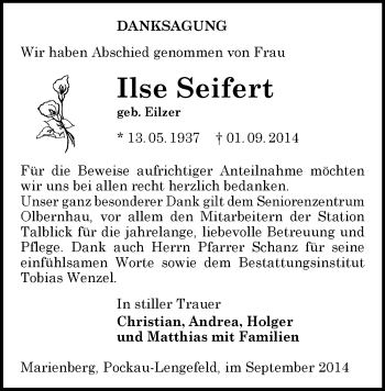 Todesanzeige von Ilse Seifert von Marienberg