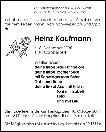Todesanzeige von Heinz Kaufmann von Plauen