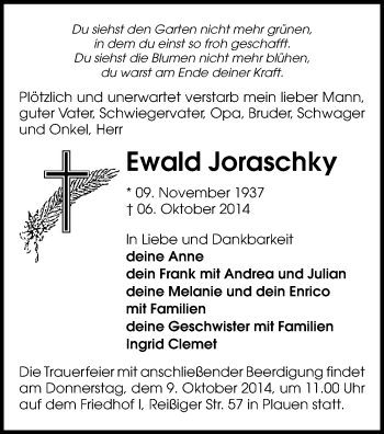 Todesanzeige von Ewald Joraschky von Plauen