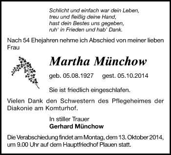 Todesanzeige von Martha Münchow von Plauen