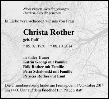 Todesanzeige von Christa Rother von Plauen
