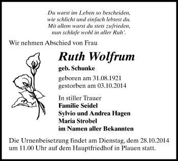 Todesanzeige von Ruth Wolfrum von Oberes Vogtland, Plauen