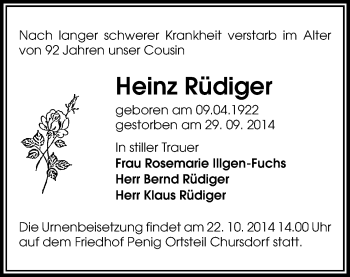 Todesanzeige von Heinz Rüdiger von Chemnitz
