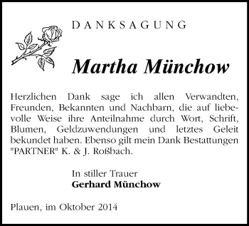 Todesanzeige von Martha Münchow von Plauen