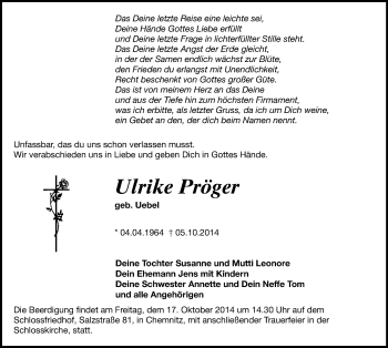 Todesanzeige von Ulrike Präger von Oberes Vogtland
