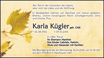 Todesanzeige von Karla Kügler von Marienberg