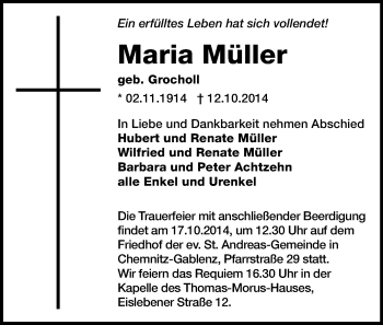 Todesanzeige von Maria Müller von Chemnitz