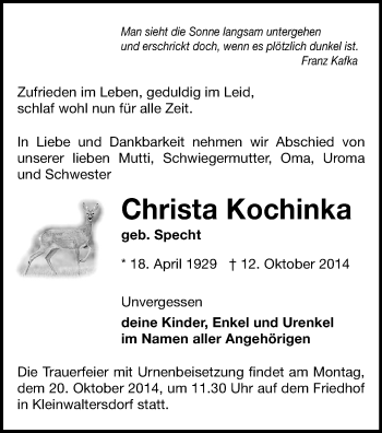 Todesanzeige von Christa Kochinka von Freiberg / Brand Erbisdorf