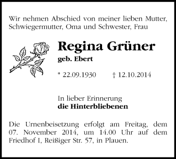 Todesanzeige von Regina Grüner von Plauen