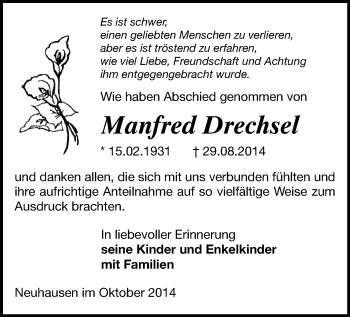 Todesanzeige von Manfred Drechsel von Marienberg, Freiberg / Brand Erbisdorf