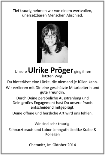 Todesanzeige von Ulrike Pröger von Chemnitz, Zschopau