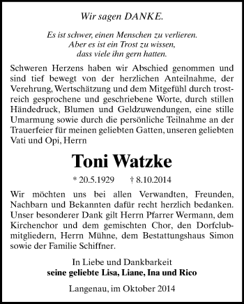 Todesanzeige von Toni Watzke von Freiberg / Brand Erbisdorf