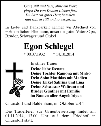 Todesanzeige von Egon Schlegel von Werdau