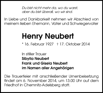 Todesanzeige von Henry Neubert von Chemnitz