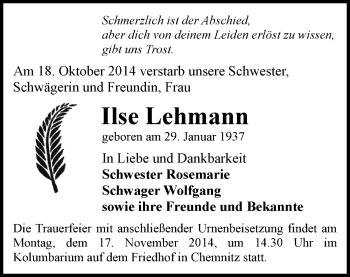 Todesanzeige von Ilse Lehmann von Stollberg