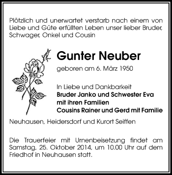 Todesanzeige von Gunter Neuber von Freiberg / Brand Erbisdorf, Marienberg