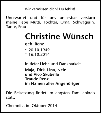 Todesanzeige von Christine Wünsch von Annaberg, Chemnitz, Plauen, Zwickau, Freiberg / Brand Erbisdorf