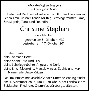 Todesanzeige von Christine Stephan von Chemnitz
